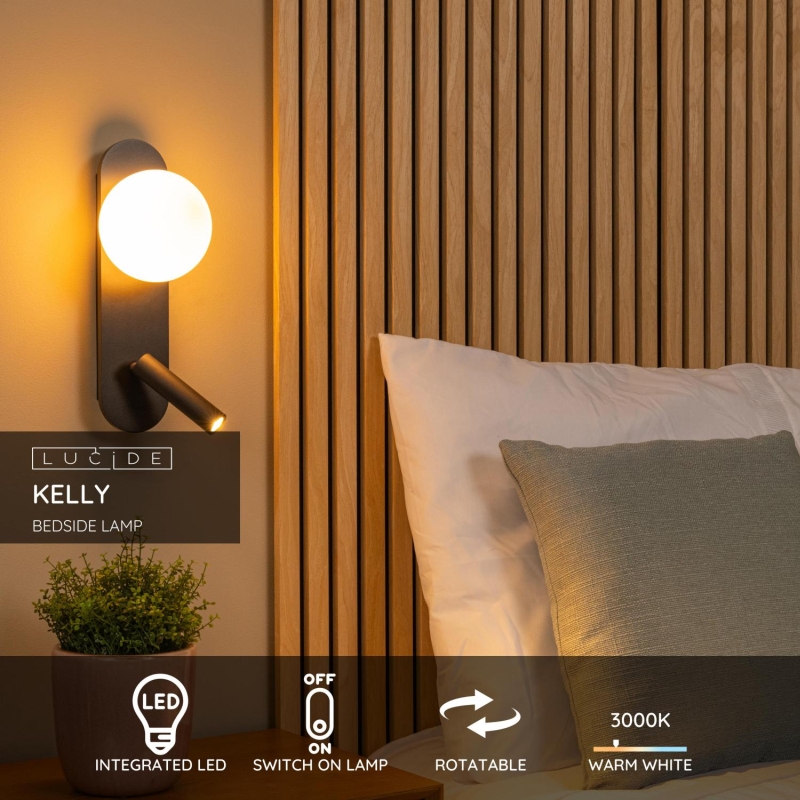 Lucide KELLY - Nočná lampa / Nástenné svietidlo - LED - 1x3,5W 3000K - Čierna